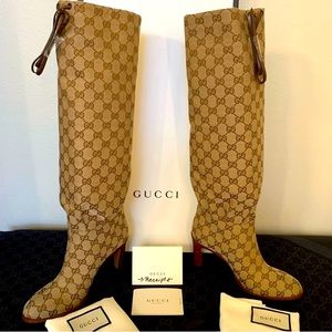 Gucci Monogram Canvas Drawstring Knee-High Boots (Malaga Kid Lisa), Size 37